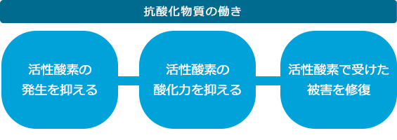 抗酸化物質の働き　活性酸素の発生を抑える　活性酸素の酸化力を抑える　活性酸素で受けた被害を修復